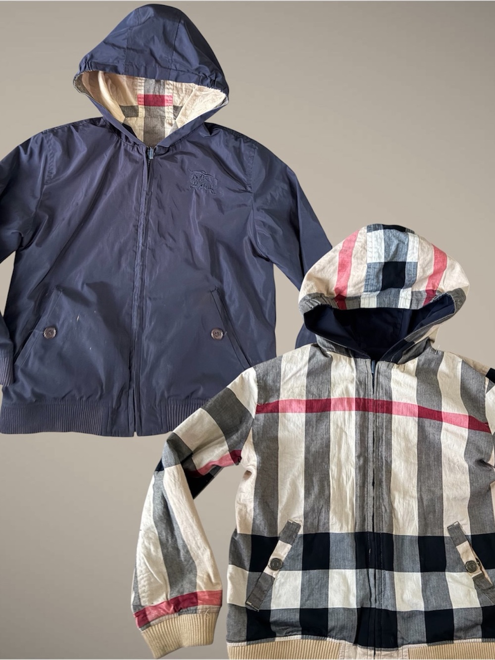Burberry Reversible Kids Hooded Jacket in Navy and Beige Plaid